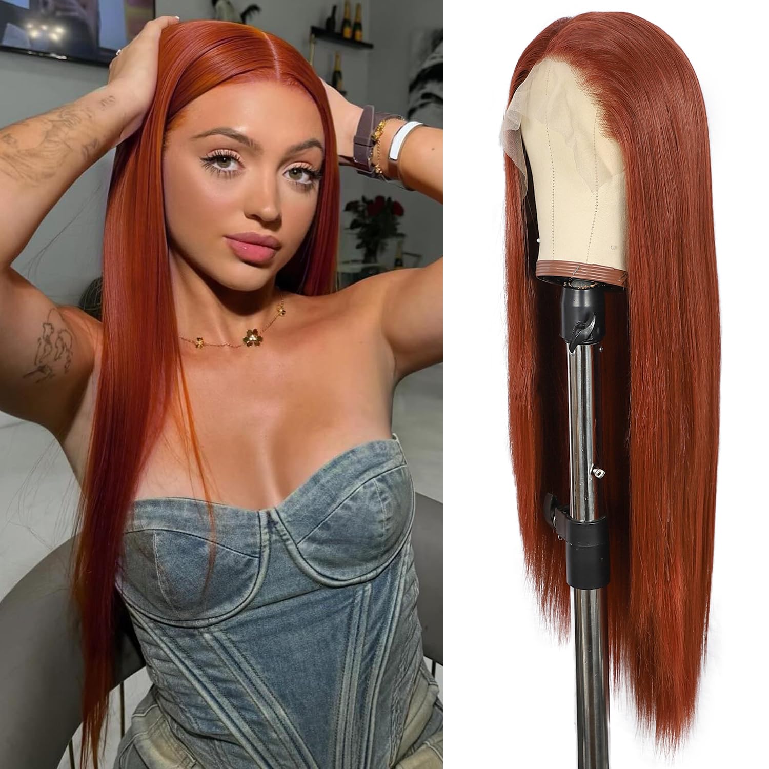 SOMIARIK Wear and Go Glueless Lace Front Wig 13×6 Copper Red Synthetic Natural Straight Hairline Hair Natural Hairline Daily Lace Front Wigs 26 Inch
