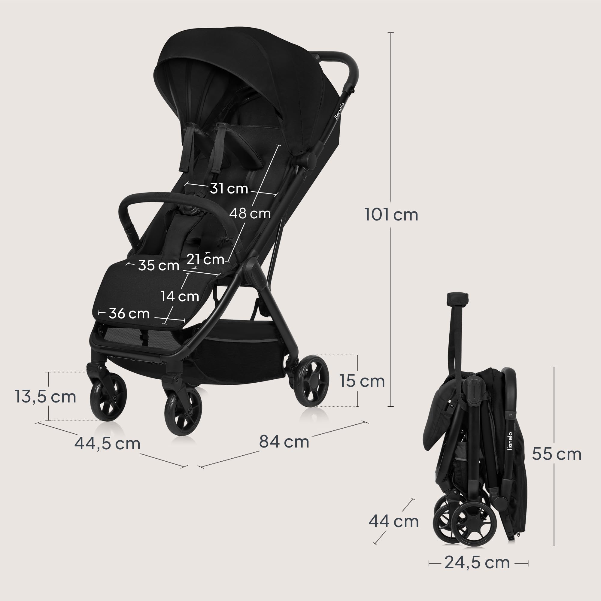 LIONELO Julie Air Passeggino da Viaggio per Aereo da 6 Mesi a 4 Anni | Fino a 22 kg, Leggero e Pieghevole con Una Mano, Ruote Girevoli a 360° con Sospensioni, Schienale Regolabile, UPF50+