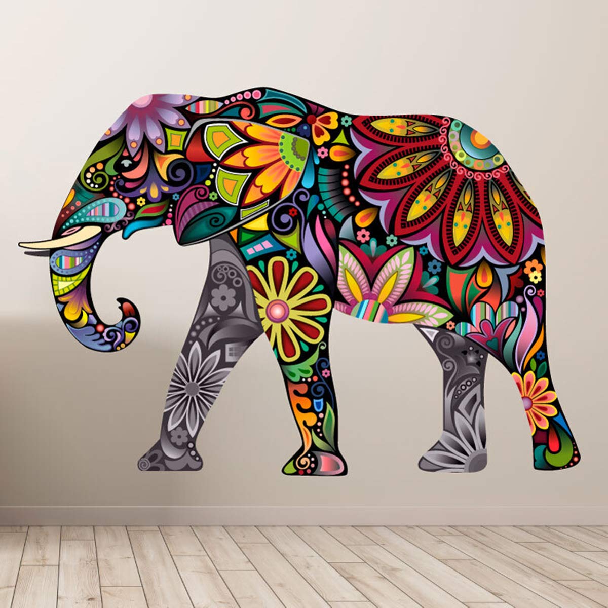 Sticker éléphant coloré d'Inde autocollant mural grand format 60x85