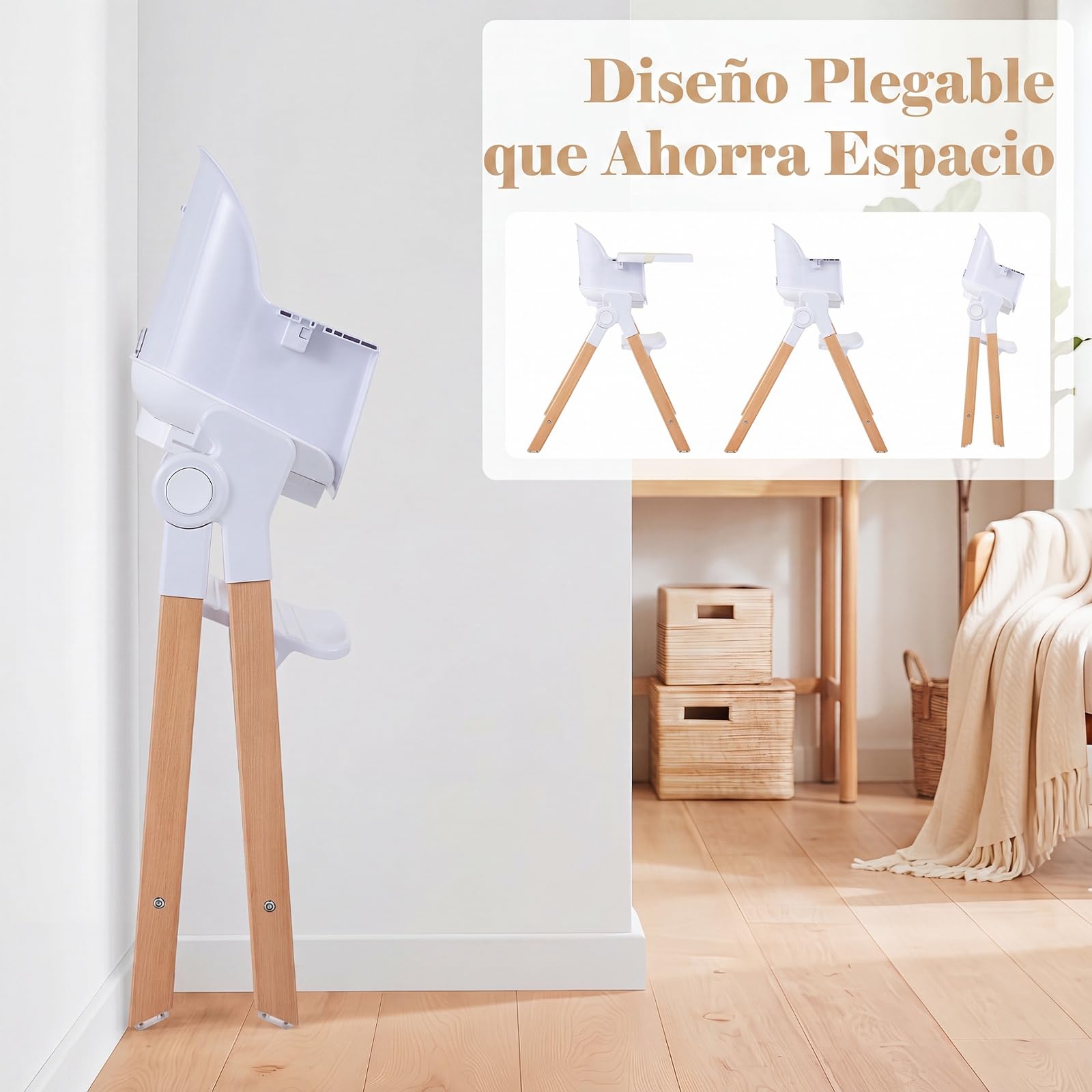 COSTWAY 4 en 1 Trona Convertible para Bebés con Reposapiés (Beige) | Silla Alta de Alimentación Evolutiva para Niños con Bandeja Desmontable y Ajustable, Arnés de 5 Puntos y Patas de Madera Haya