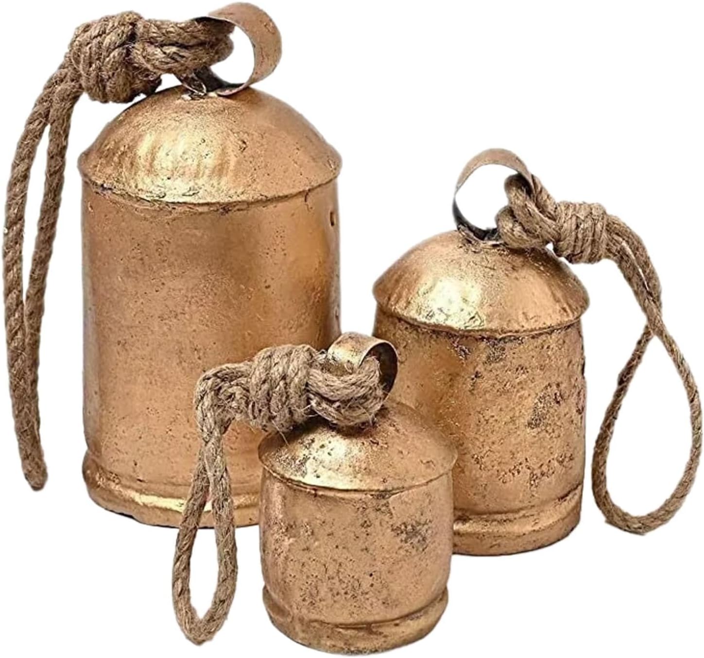 Vintage Cow Bells | 3 Large Metal Hanging Cow Bells | Giant Gold Brass Cowbell With Country Style Craftsk | Rustic Harmony Brass Bells For Chrismas Home Decoration