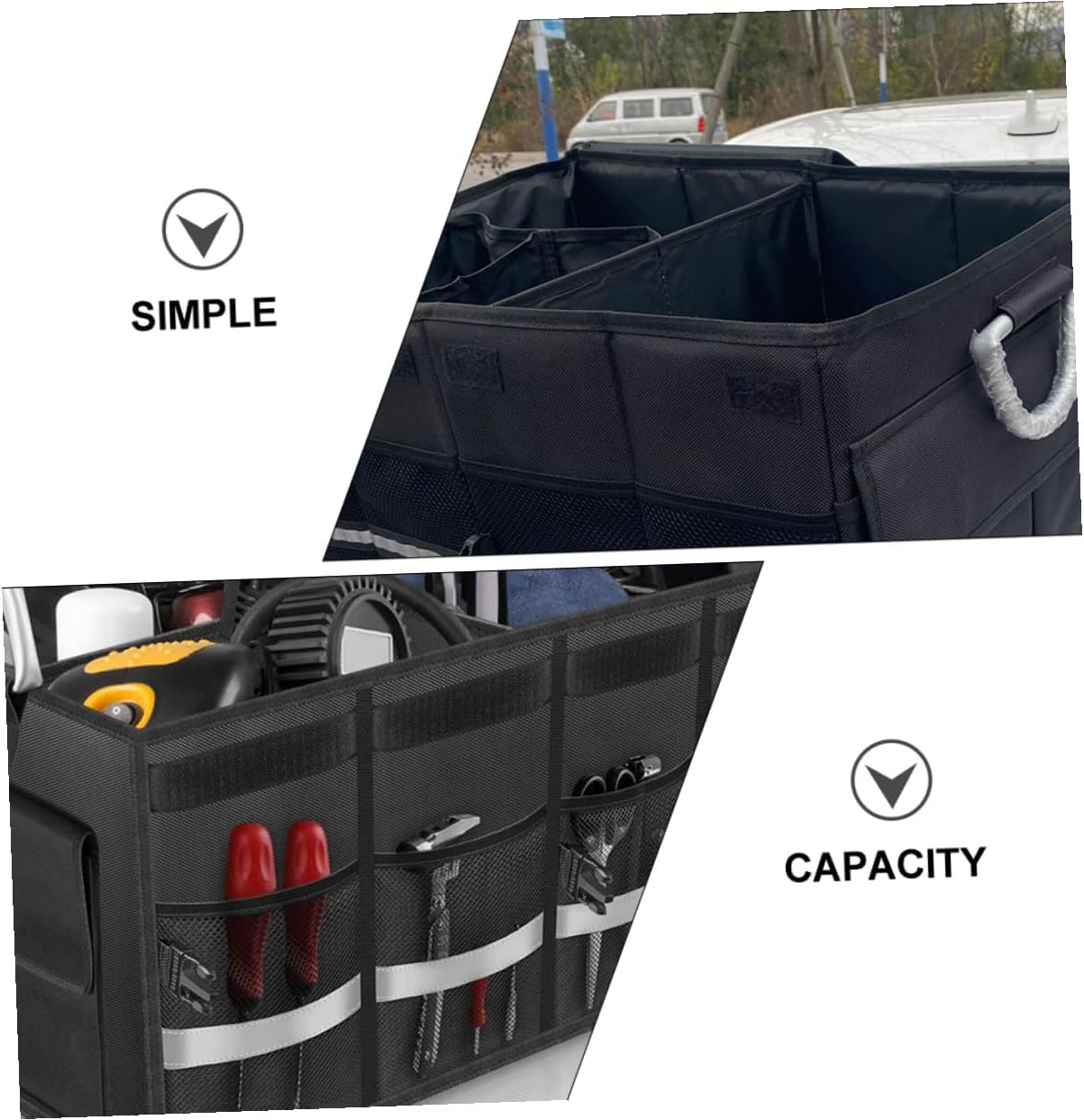 Car Foldable Trunk Organizer Storage Box Black Collapsible Car Storage Container with Multi-compartment for Vehicle Interior and Suv Cargo Organization