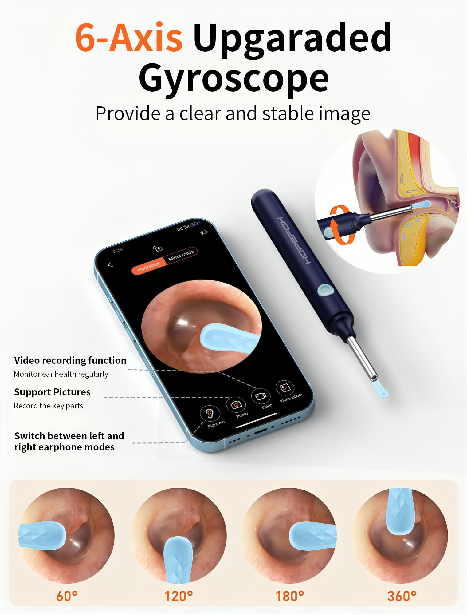 Otoscopio Limpiador Oidos, 3.5mm WiFi Endoscopio de Oído con 1080P Cámara y 6 LED, Limpieza de Oídos con 6 Puntas de Silicona suave y Kit Completo de 7 Piezas, Compatible con iOS y Android IP67