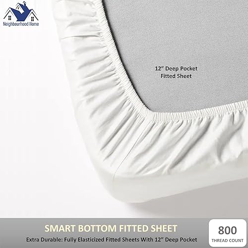 Neighbourhood Home Juego de sábanas de 100 % algodón egipcio real, 4 piezas, 800 hilos, cama tamaño King, transpirable, suave y sedoso, sábanas