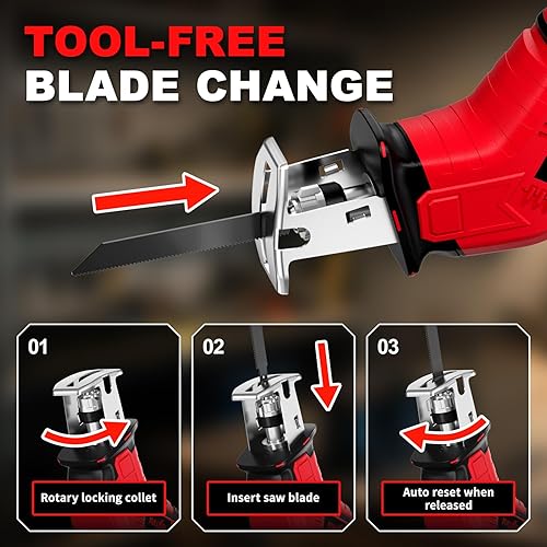Miniatura 9 de Sierra recíproca inalámbrica, sierras eléctricas de 3500 RPM con 2 baterías de 2.0 Ah y cargador, cambio de hoja sin herramientas, sierra de mano