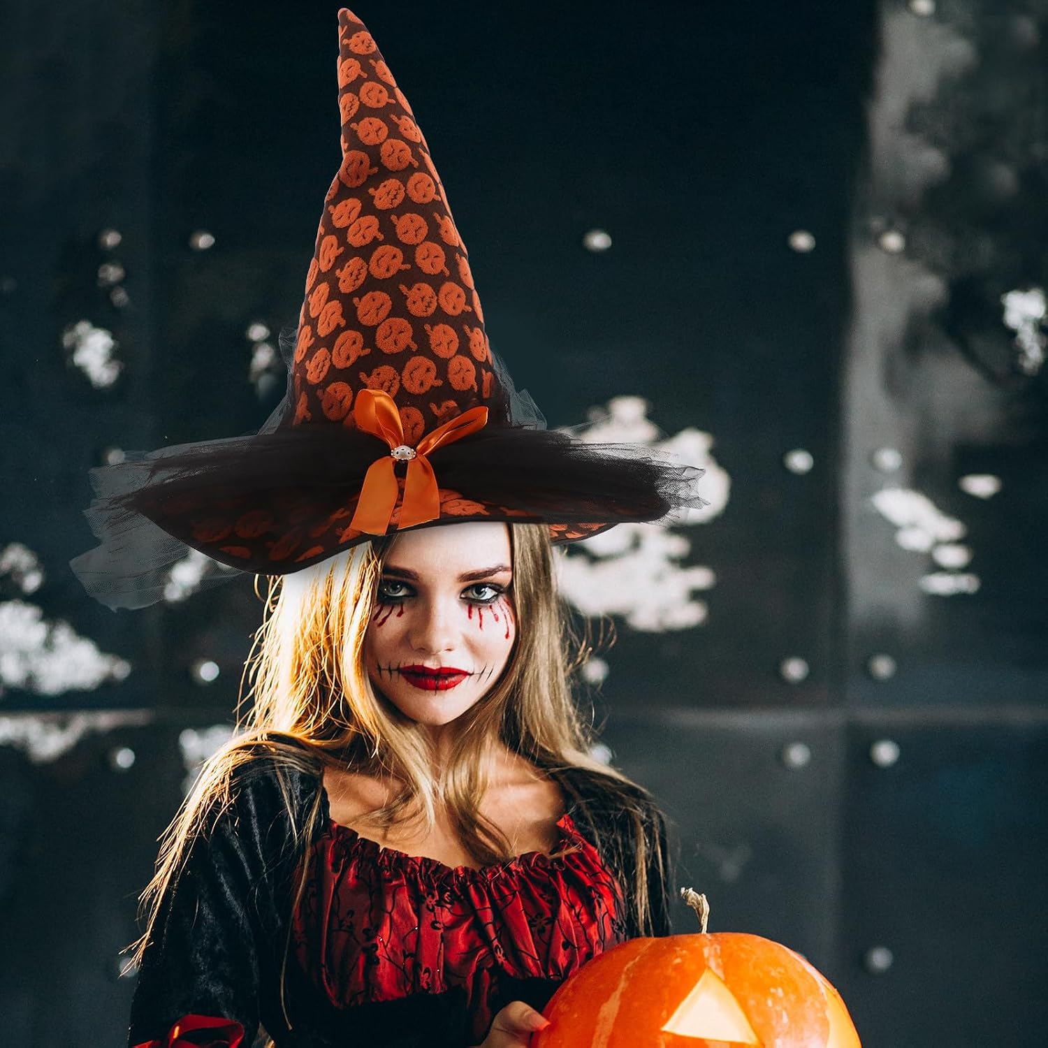 SHINEOFI Witch Hat Halloween Costume Accessories, Pumpkin Wizard Hat With Mesh Bow, Witch Party Decor For Adults And Children, Cosplay Headwear For Halloween Masquerade