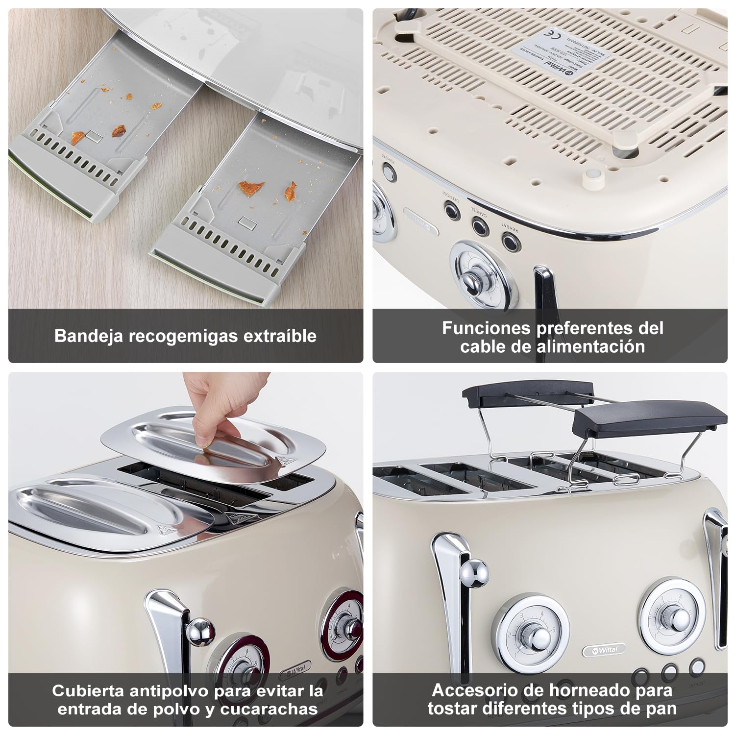 Wiltal Tostadora de 4 rebanadas, tostadora retro, carcasa de acero inoxidable, con accesorio integrado para panecillos, con tapa, grado de tostado 1-6, función de descongelación, bandeja recogemigas