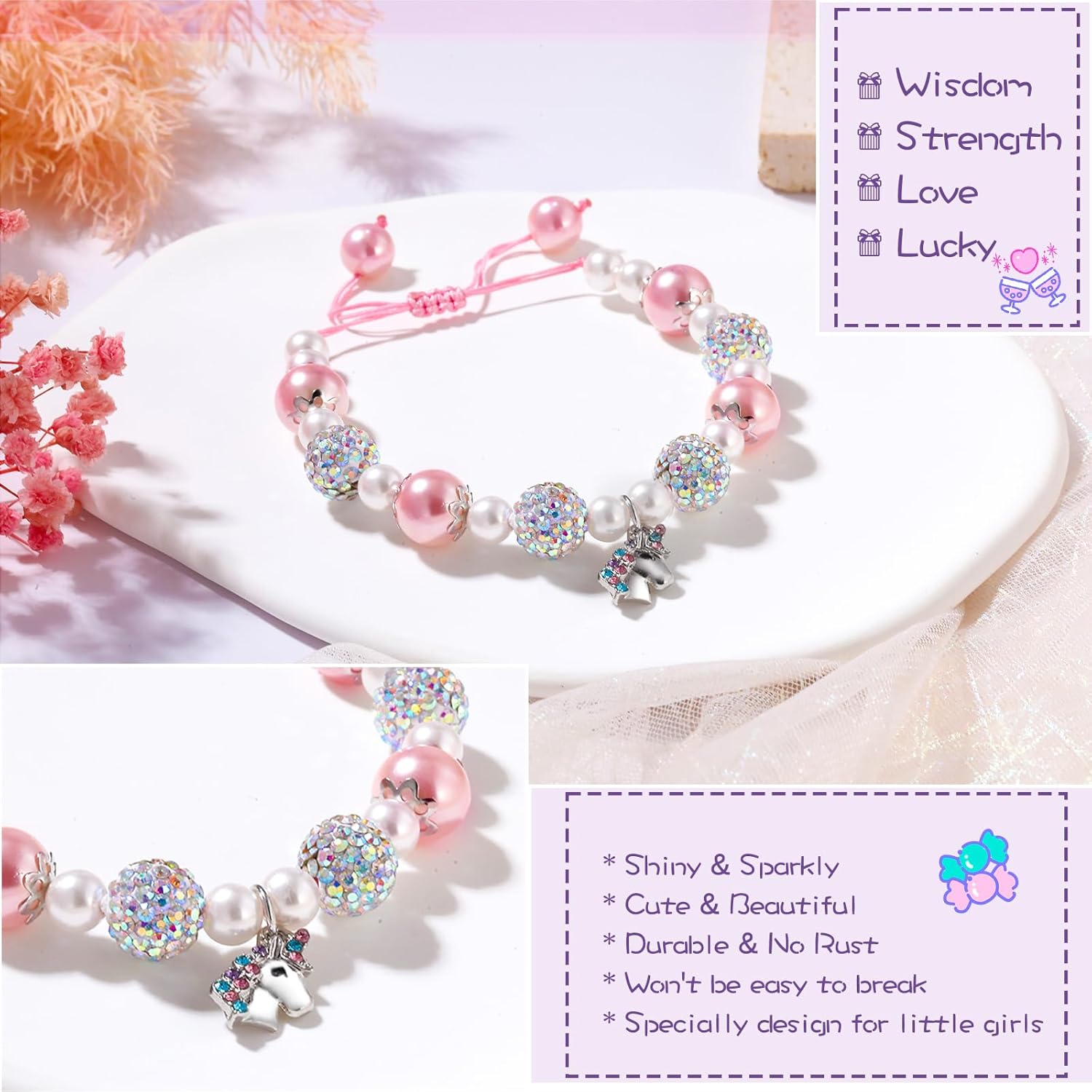 Unicorn Charm Bracelet for Girls - Adjustable Pink Pearl Kids Bracelet for Toddler Girls 4-12 Year Old- Daughter Granddaughter Child's Jewelry Gift for Birthday Christmas gifts - Image 2