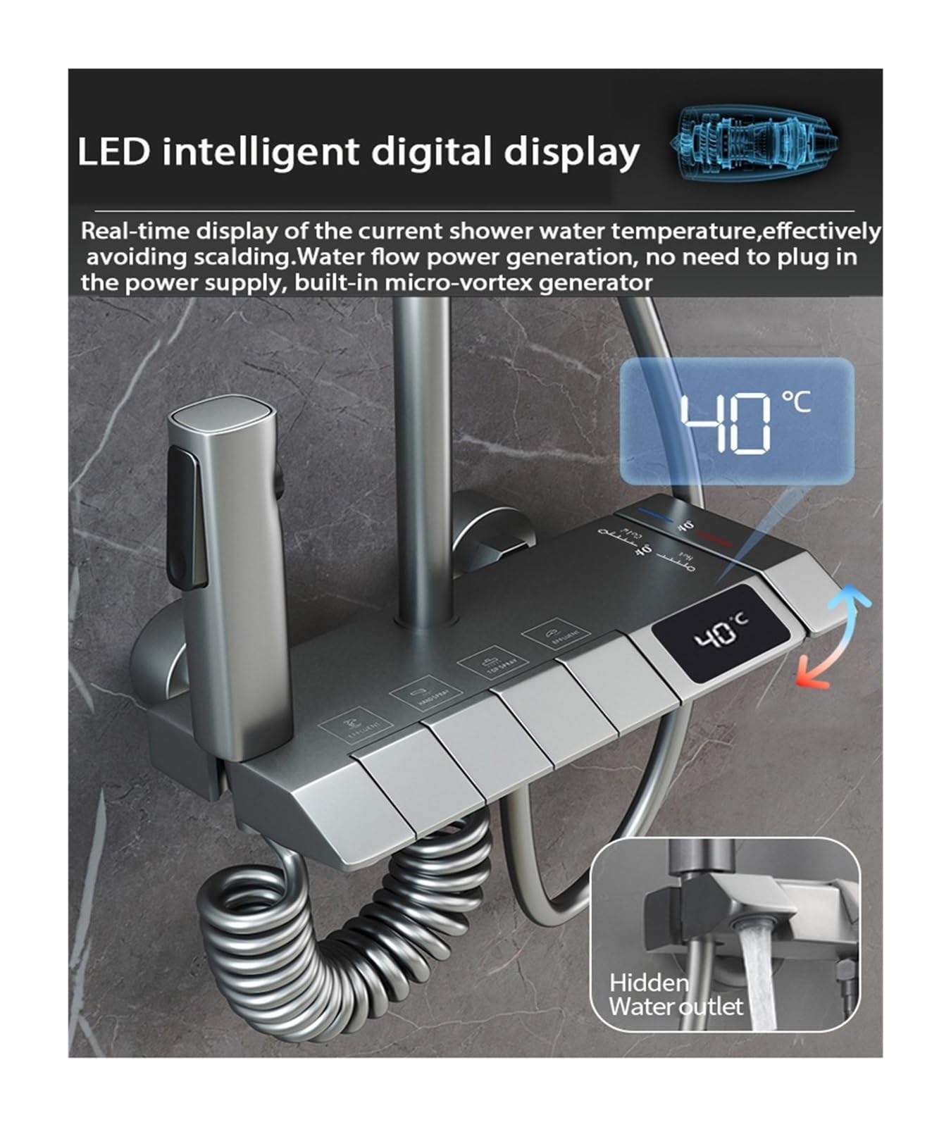 Set di rubinetti for Doccia da Bagno con Display Digitale, Accessori for bagni Il Flusso d'Acqua Produce elettricità, Set di sistemi Doccia for Pianoforte Nero(GunGrey Square)