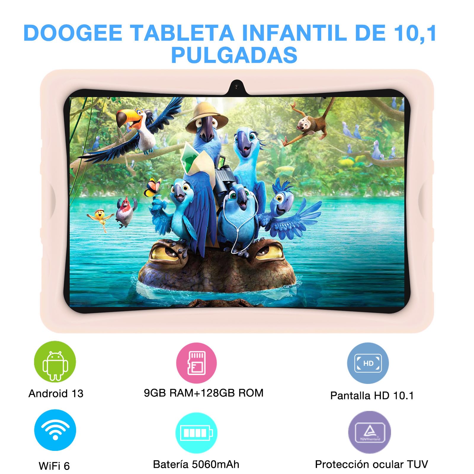 U10Kid Tablet Niños 10.1 Pulgadas Android 13, 9GB +128GB (TF 1TB), Certificado TÜV&DRM L1, WiFi 6, Bluetooth, Kids Juego Educativos, Cámara Dual, Control Parental, Kid-Proof Funda Tablet -Rosa
