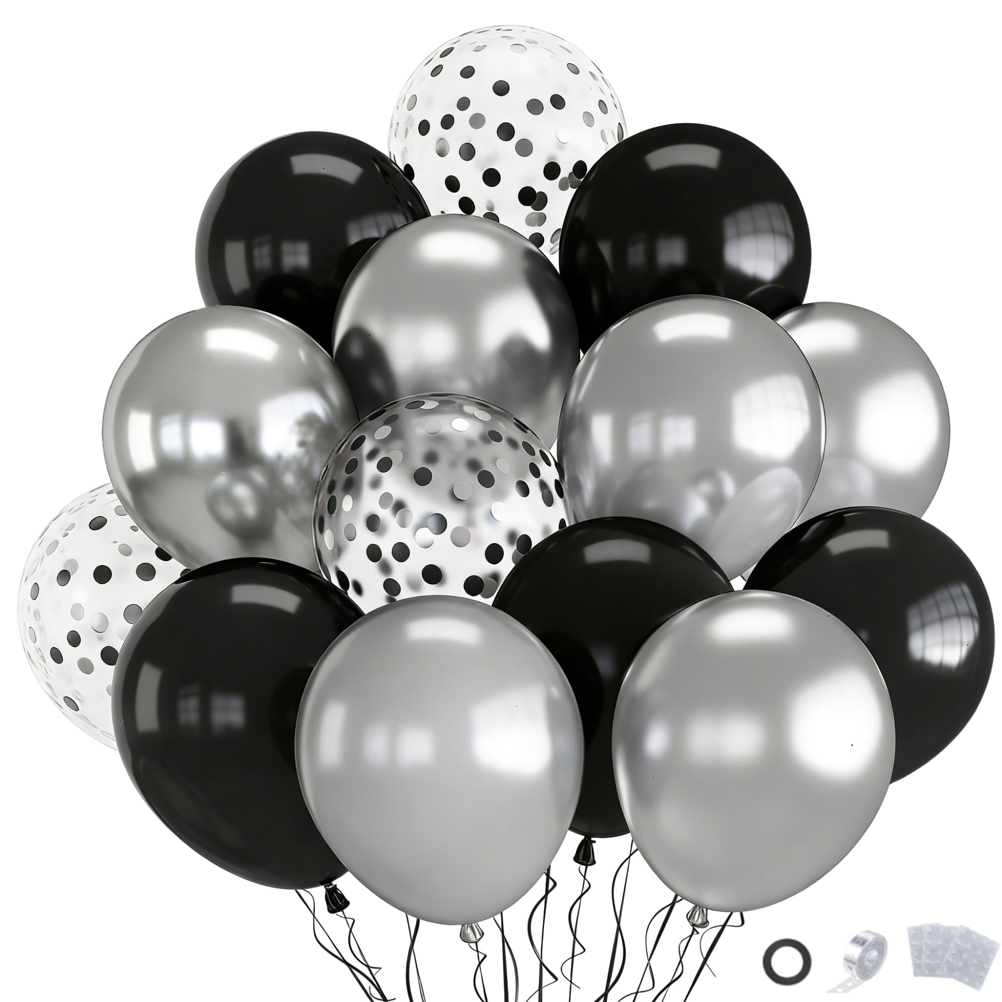 Black and Silver Balloons, 70pcs Silver Black Balloons with Confetti for Birthday Wedding Engagement New Year Bachelorette Party Party Supply