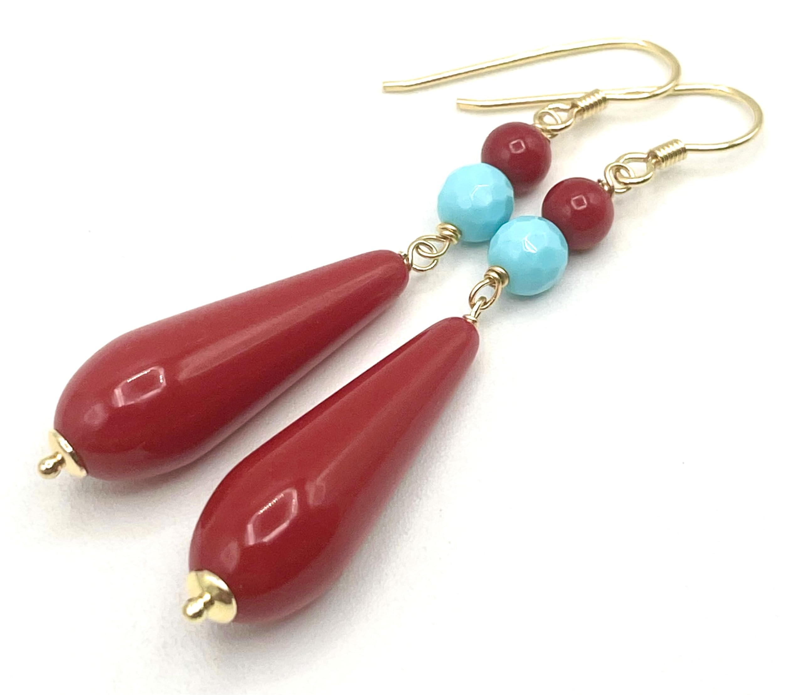 Orecchini con Gocce Rosse Corallo e Turchesi, Pendenti Lunghi, Vermeil Oro 24 K, Gioielli Artigianali, Bijoux Estate, Made in Italy