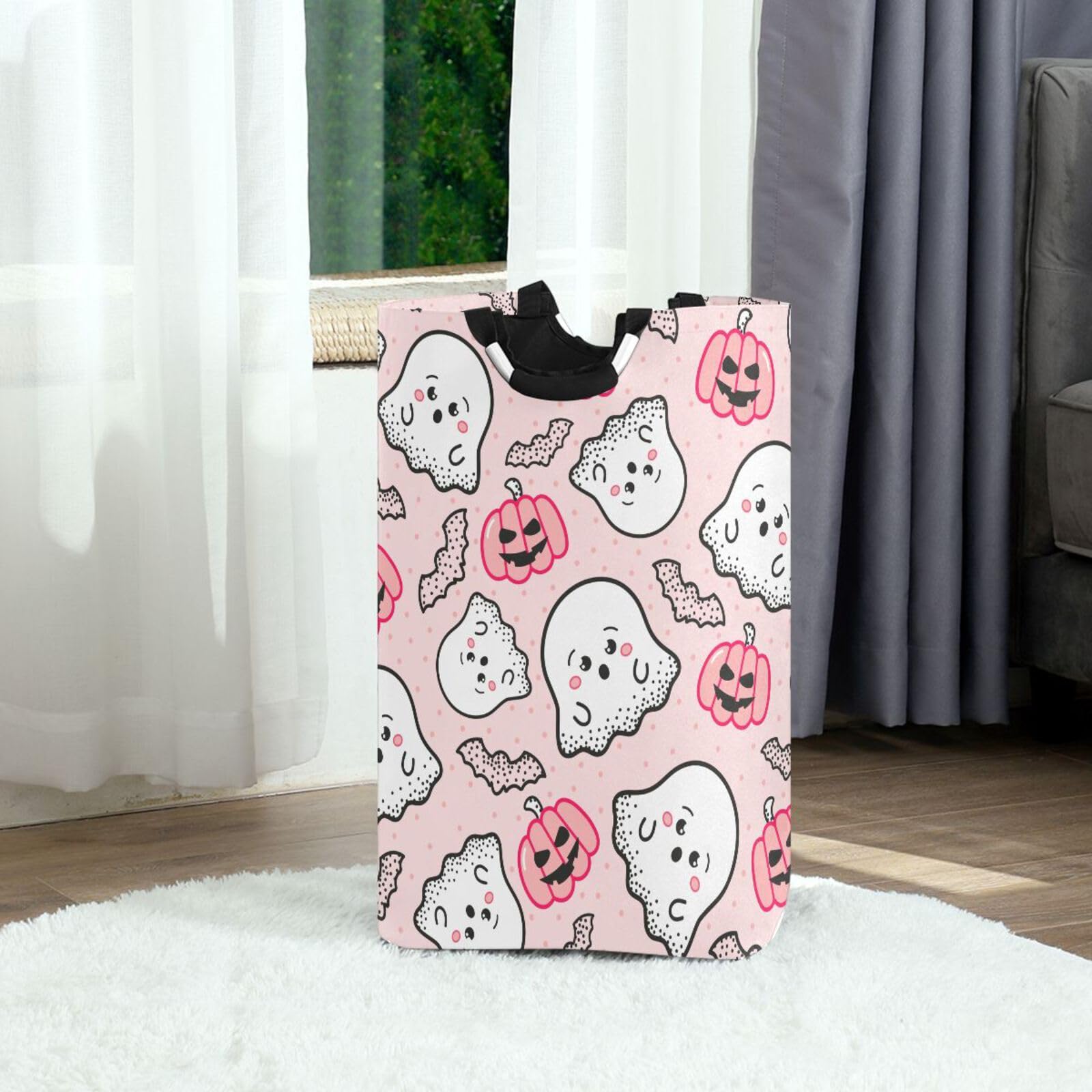 Jihqo Laundry Hamper Basket Halloween Pumpkin Ghost Pink Collapsible Nursery Storage Bin Waterproof Clothing Baskets for Home Bedroom Bathroom Washing Room