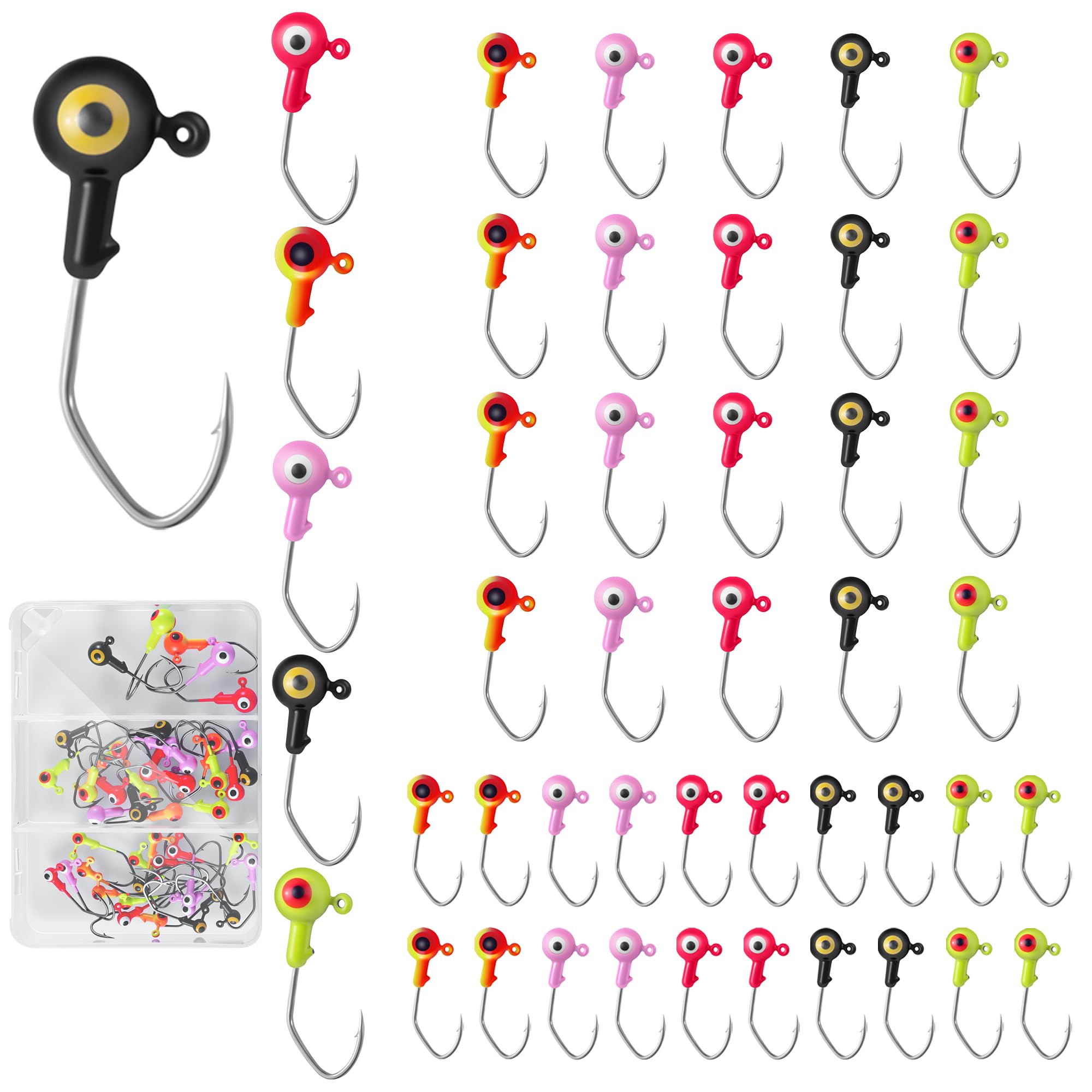 45pack Crappie Jig Heads Sit with Hooks Box, Fishing Soft Lure Hook for Crappie Bass Trout Bluegill Perch, Saltwater Freshwater Fishing Tackle Kit, 1/32 oz (20 pcs), 1/16 oz (20 pcs), 1/8 oz (5 pcs)