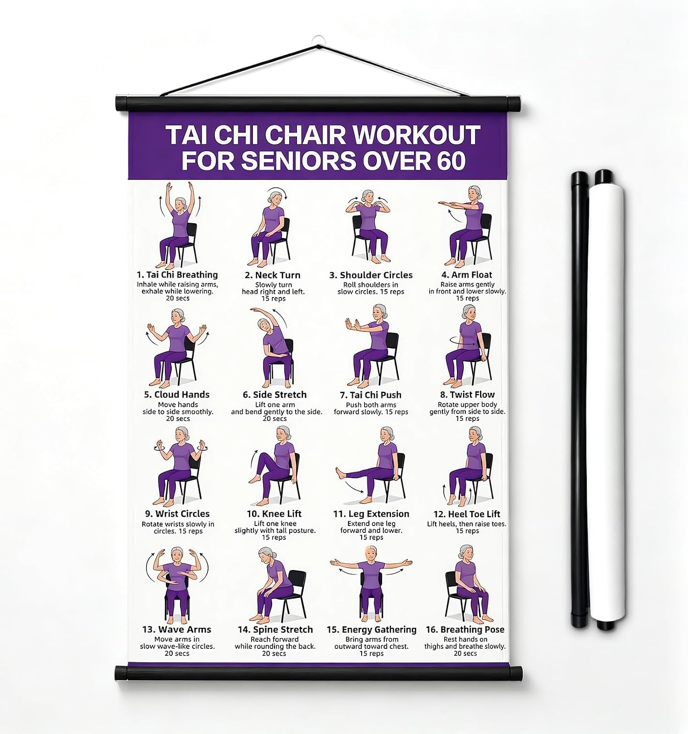 ZWODRSC Tai Chi Chair Workout Chart for Elderly & Tai Chi enthusiast, Hanging Tai Chi Chair Training guidance, Exercise diagram for Balance & Core Strength