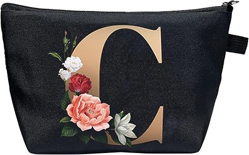 CTNUOBEE Bolsa de comestic con letras del alfabeto dorado con bolsa de maquillaje de flores, bolsa de viaje portátil con cremallera, bolsa de aseo