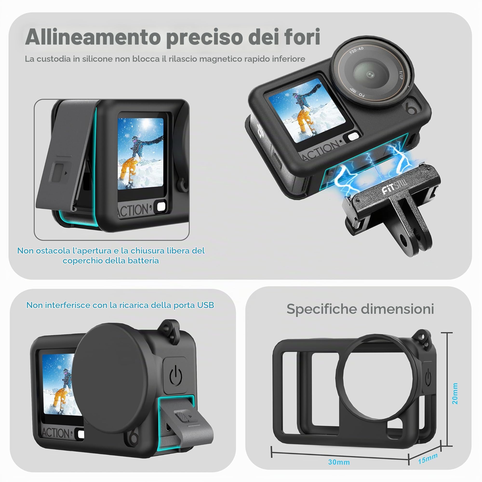 FiTSTILL Custodia in gomma siliconica+3 pellicole protettive in vetro temperato compatibili per DJI Osmo Action 6, custodia in gomma, copriobiettivi, pellicole protettive per schermo e cordino, per
