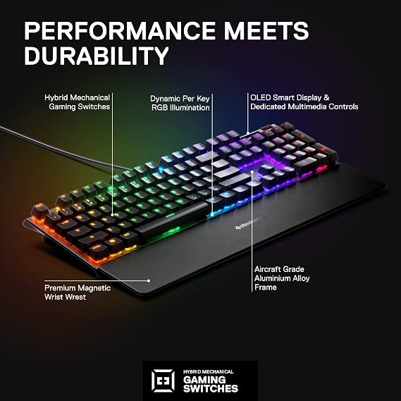 SteelSeries USB Apex 5 Hybrid Mechanical Gaming Keyboard Per-Key RGB Illumination Aircraft Grade Aluminum Alloy Frame OLED Smart Display (Hybrid Blue Switch)