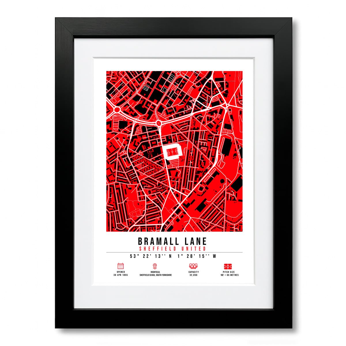 Bramall Lane Stadium Map Minimalist A4/A3 Poster Photo Print Framed Gift Sheffield United (A4 Black Framed & Mounted)