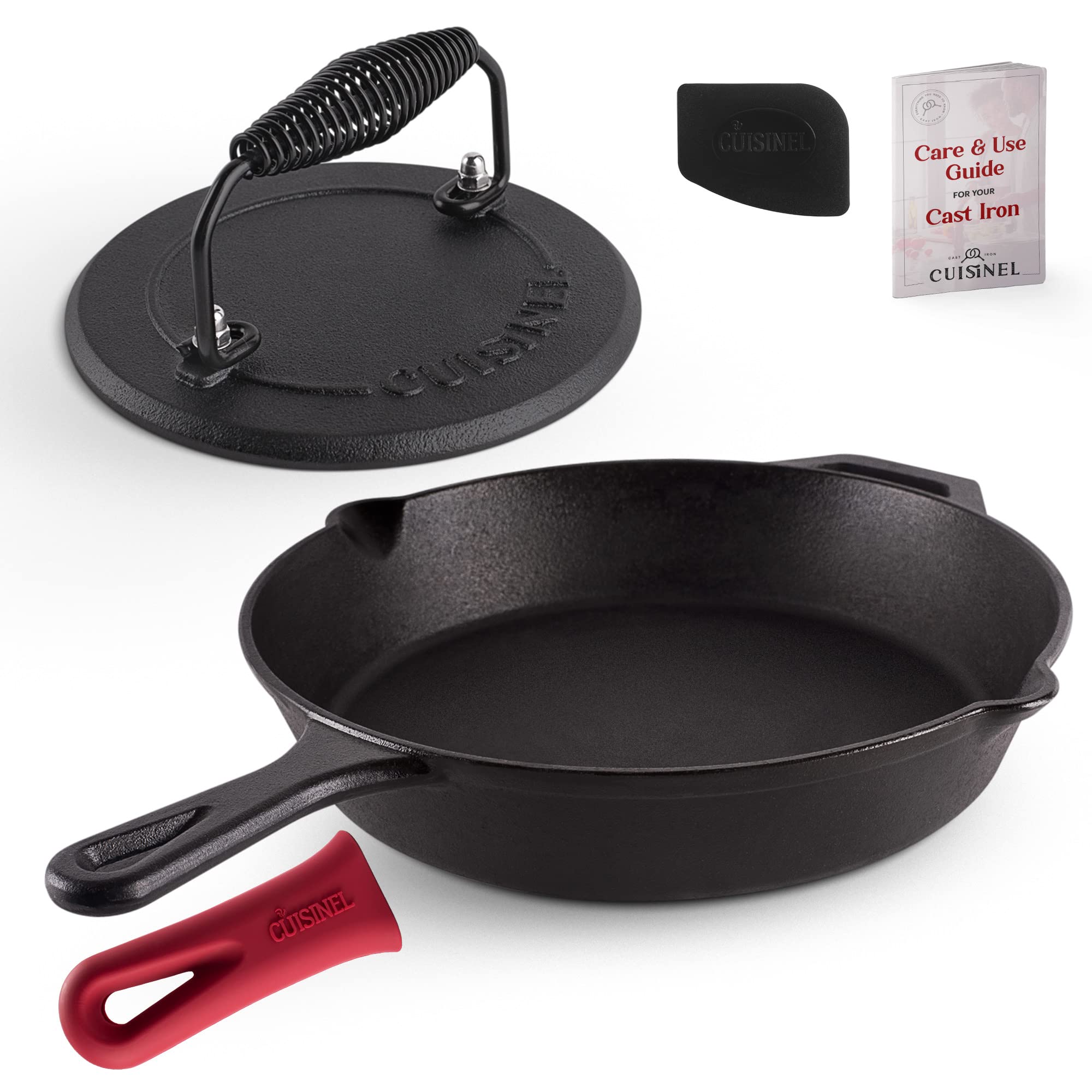 Patelnia żeliwna + prasa do grilla + zestaw skrobaków – wstępnie przyprawiona patelnia 30 cm + silikonowy uchwyt – okrągły burger smasher 18 cm – do użytku wewnątrz/na zewnątrz, kuchenka, piekarnik,