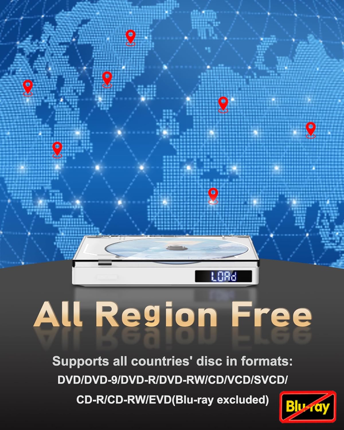Mini DVD Player für Fernseher HDMI 1080p, Multi-Region Free DVD-Player für TV, Unterstützung von USB, Aux-Ausgang, PAL/NTSC, Fernbedienung, HDMI/RCA-Kabel im Lieferumfang enthalten