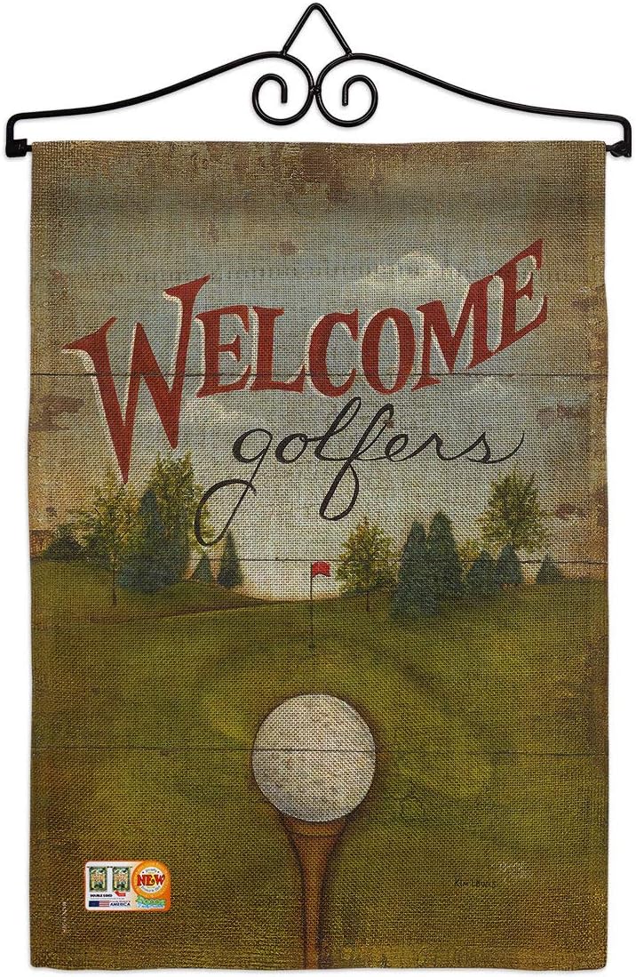 Welcome Golfers Burlap Garden Flag Set Wall Hanger Sports Golf 18 Hole Ball Championship Club Entertainment Activity Physical Small Decorative Gift Yard House Banner Double-Sided Made In USA 13 X 18.5
