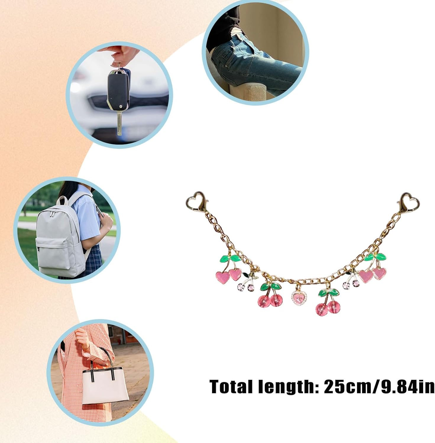 Cute Cherry Heart Rhinestone Bag Charms Wallet Chain Keychains Gold Purse Chain Accessories For Women - Image 4