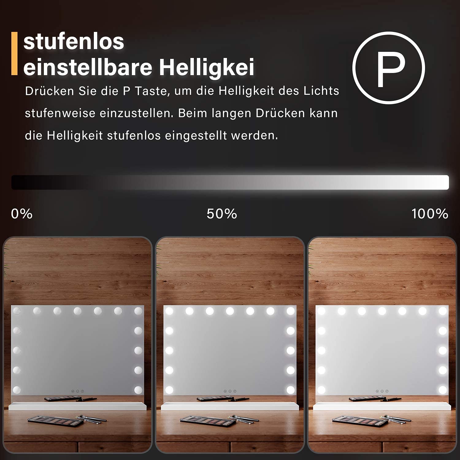 SONNI Lustro Hollywood z oświetleniem z 15 przyciemnianymi lampami LED i funkcją pamięci o temperaturze barwowej i jasności, lusterko do makijażu z oświetleniem z 3 kolorami, duże lustro stołowe
