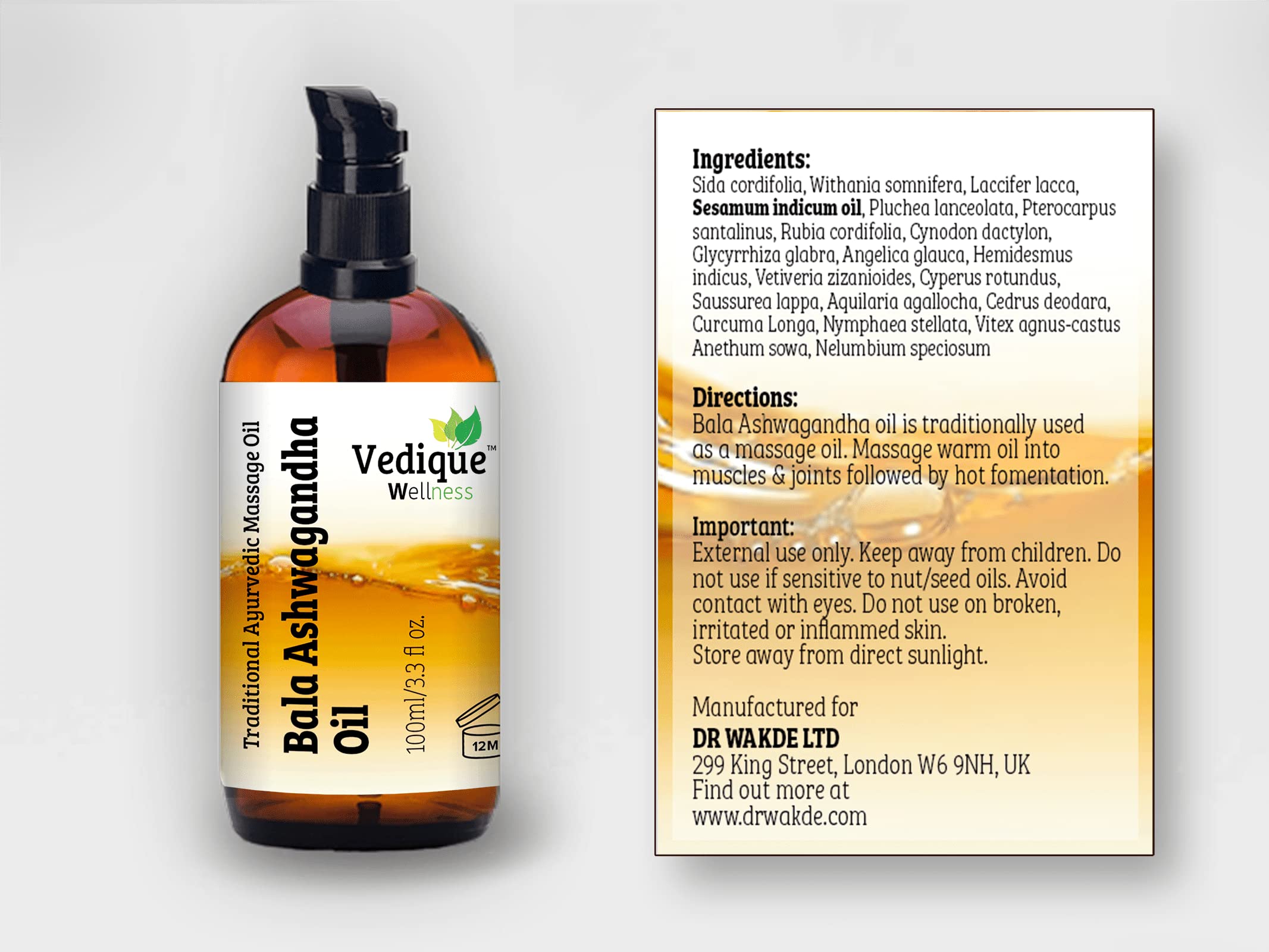 VEDIQUE Remedies Bala Ashwagandha olejek | 500 ml | ponad 15 leczniczych ziół | ajurwedyjski klasyczny olejek do masażu | rewitalizujący, energetyzujący i pielęgnujący | całkowicie naturalny