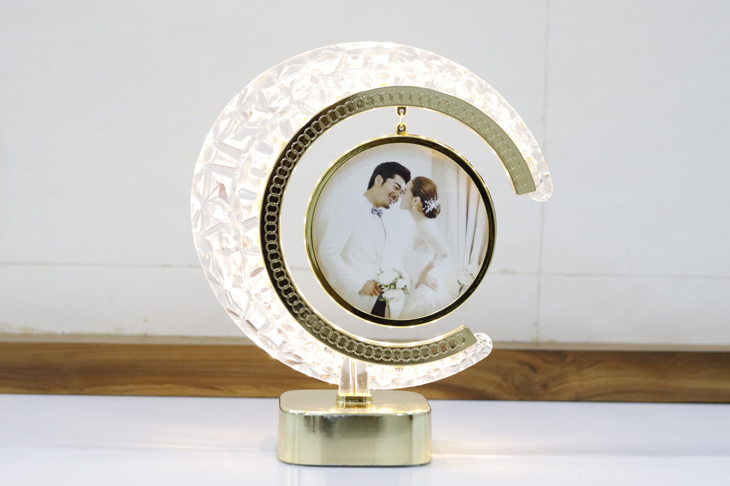 At Sub Crystal Glass (Round) Photo Frame With Golden Light Photos | Heart Shape Photo Frame with Half Round Light | Gift Personalized Frames For Valentines Day Gifts, Anniversary, Birthday | Plastic (photo not included)