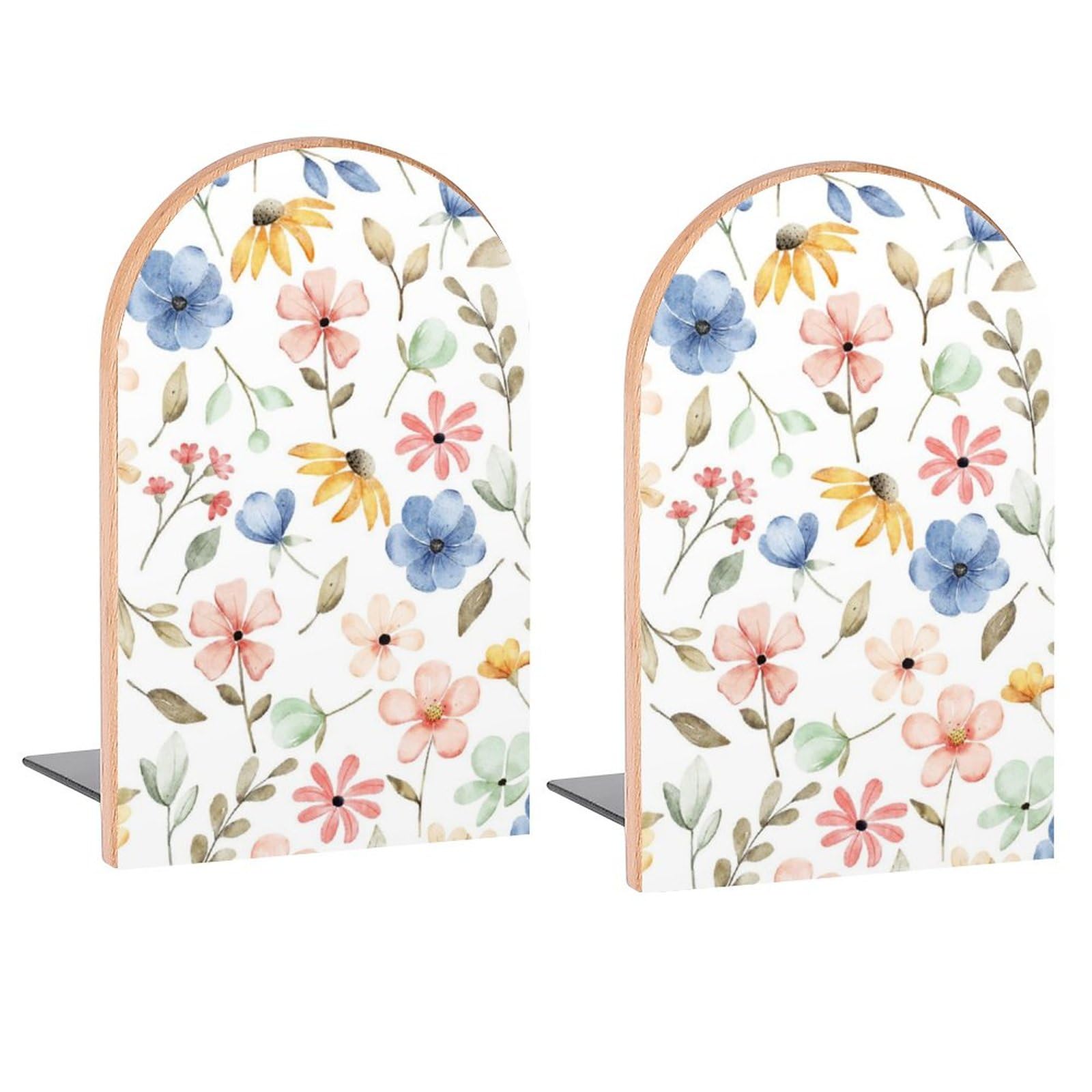 Seamless Flowers Blue Pink Book Ends Decorative Wood Bookends for Shelves Kids Room Desk Home Office Book Stoppers for Magazines,Books, DVDs, 1 Pair/2