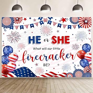 MEHOFOND 7x5ft 4th of July Gender Reveal Backdrop, He or She What Will Our Little Firecracker Be Banner, Red White and Due Baby Shower Decorations, Independence Day Gender Reveal Party Supplies