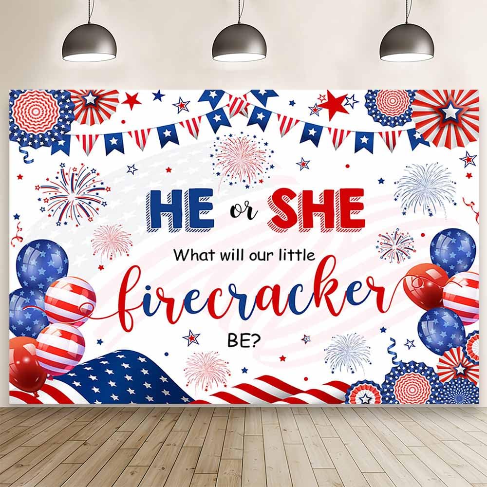 MEHOFOND 7x5ft 4th of July Gender Reveal Backdrop He or She What Will Firecracker Be Photography Background Independence Day Red White and Due Decor