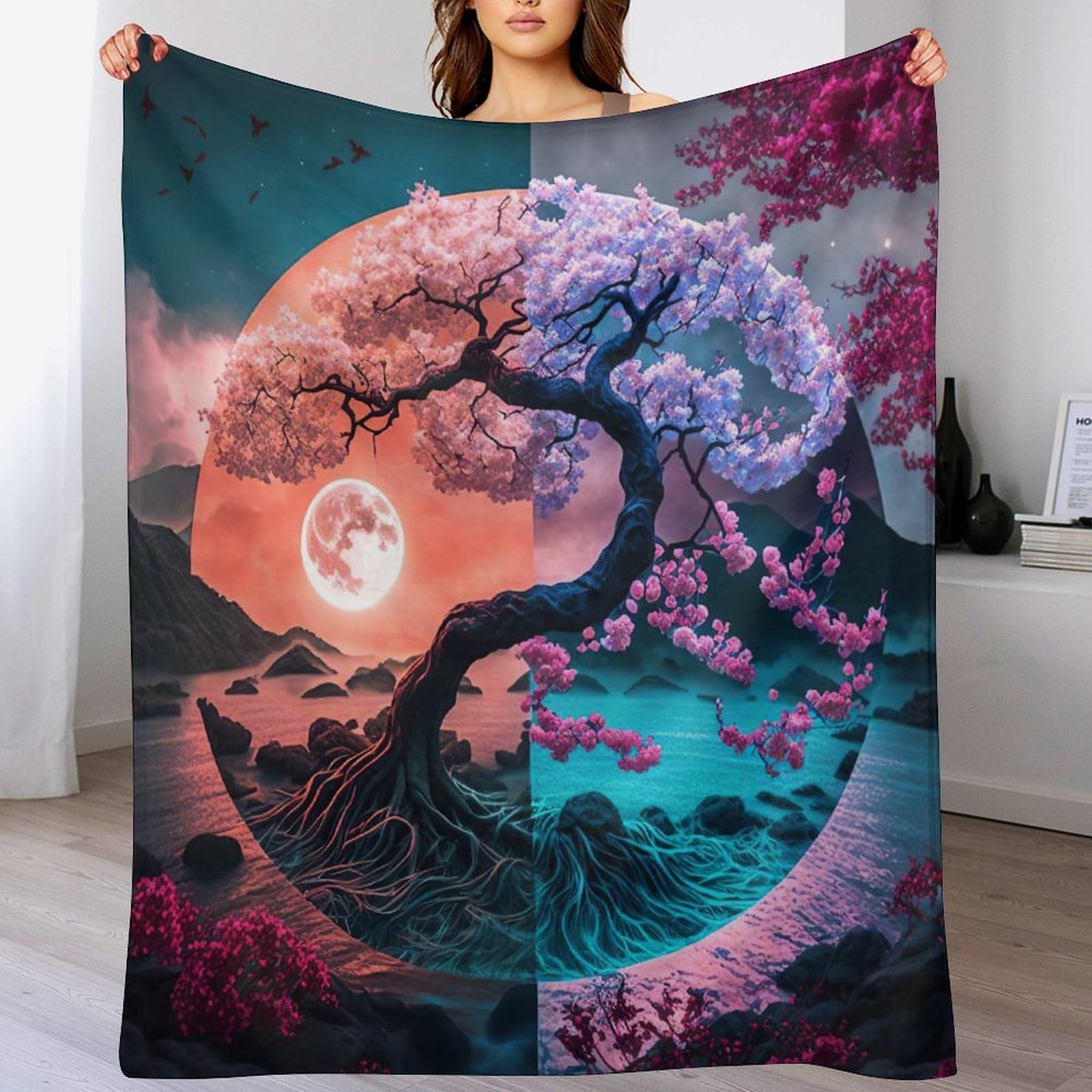 Couverture en Flannel Cerise Tree Japan Art Plaid Polaire Doux 130x150cm