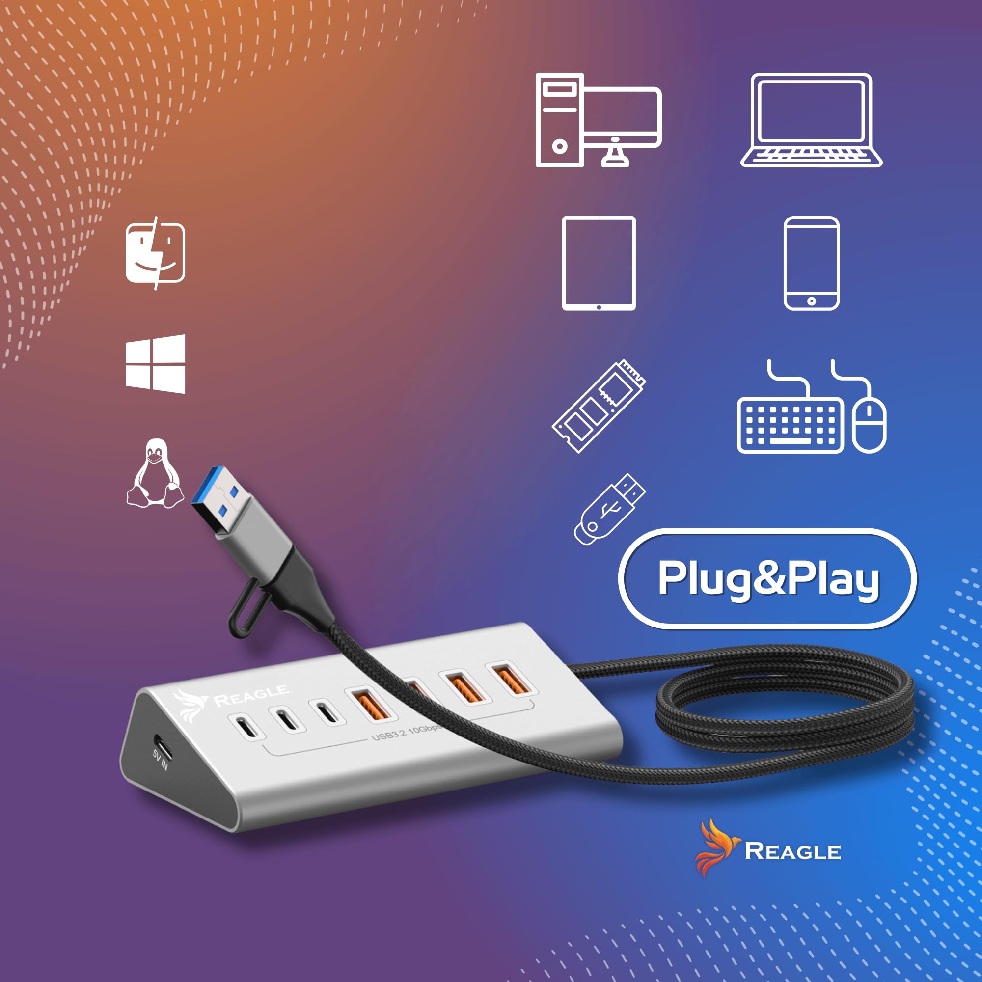 REAGLE Hub a 7 porte, USB 3.2 con cavo da 100 cm per desktop, 7 in 1, 4 x USB-A e 3 x USB-C, Plug and Play, distributore USB in alluminio 10 Gbps, per PC, laptop, MacBook, U-Disk, mouse