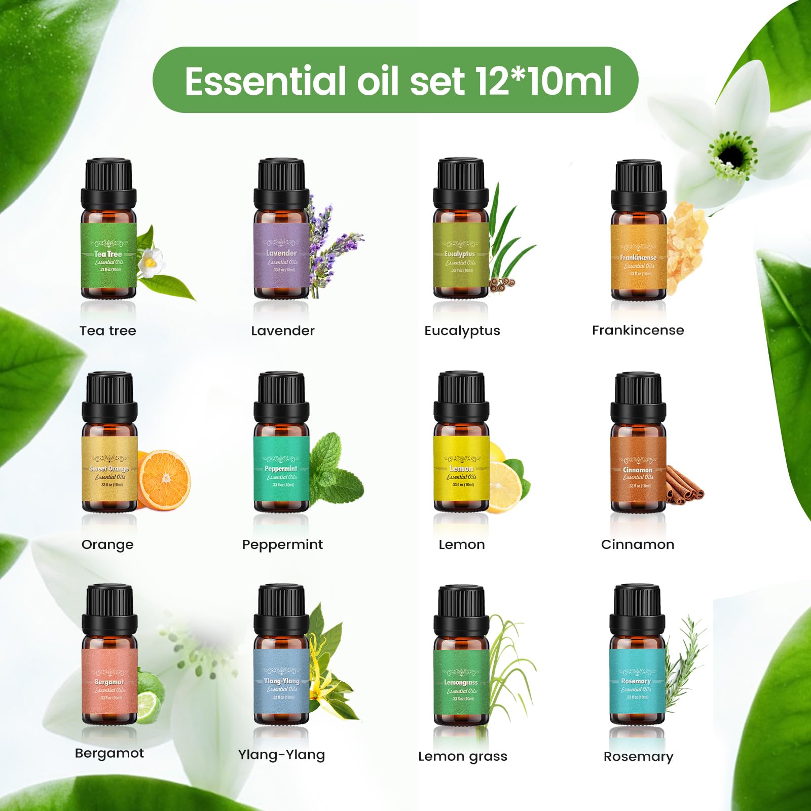 Set di oli essenziali, 12 x 10 ml, 100% naturale per aromaterapia, set regalo per diffusori, umidificatori, SPA, sapone e candele – rosmarino, incenso, ylang-ylang, bergamotto, eucalipto