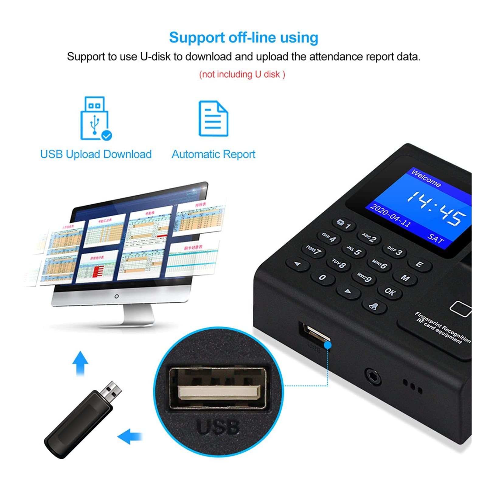 Orologio marcatempo per piccole imprese, di controllo del di controllo biometrico Tastiera USB di impronte digitali elettroniche Orario di presenze di orologio + 10pcs Keyfobs utilizzato in uffici, fa