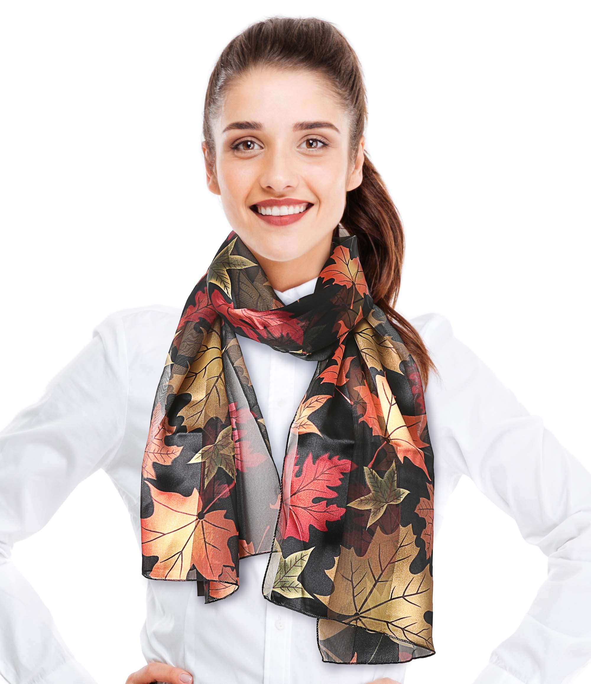 CBC Crown Autumn Fall Leaves Leaf Pattern Silky Feel Scarf 13"x60" or 35"x35" (LARGE MAPLE LEAVES-BK-13 X60)