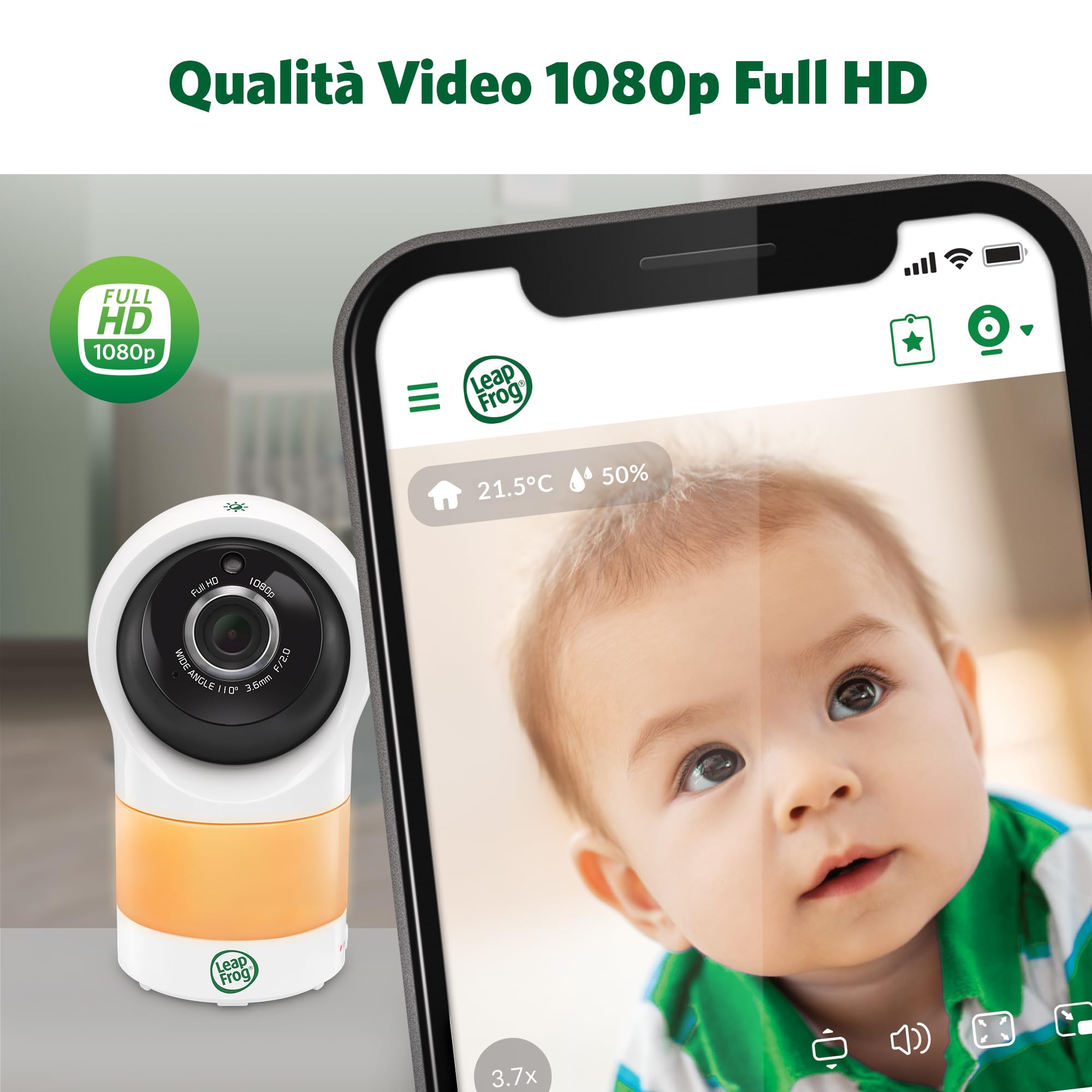 LeapFrog LF1911 Baby Monitor con video in 1080HD,App gratuita con rilevamento del movimento e del rumore,visione notturna a colori,modalità privacy,telecomando dello zoom a inclinazione di rotazione