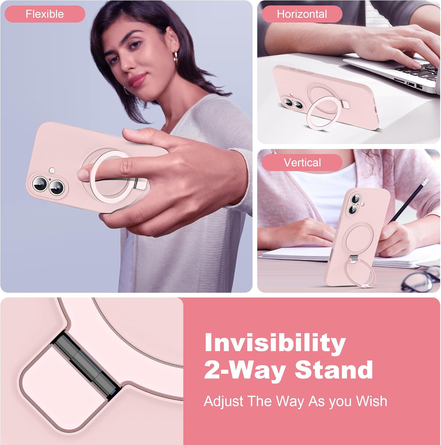 Designed for iPhone 16 Case with Magnetic Invisible Stand Compatible with Mag-Safe Military Drop Tested Shockproof Silicone Phone Cases for Women Men 6.1'', Pink - Image 2