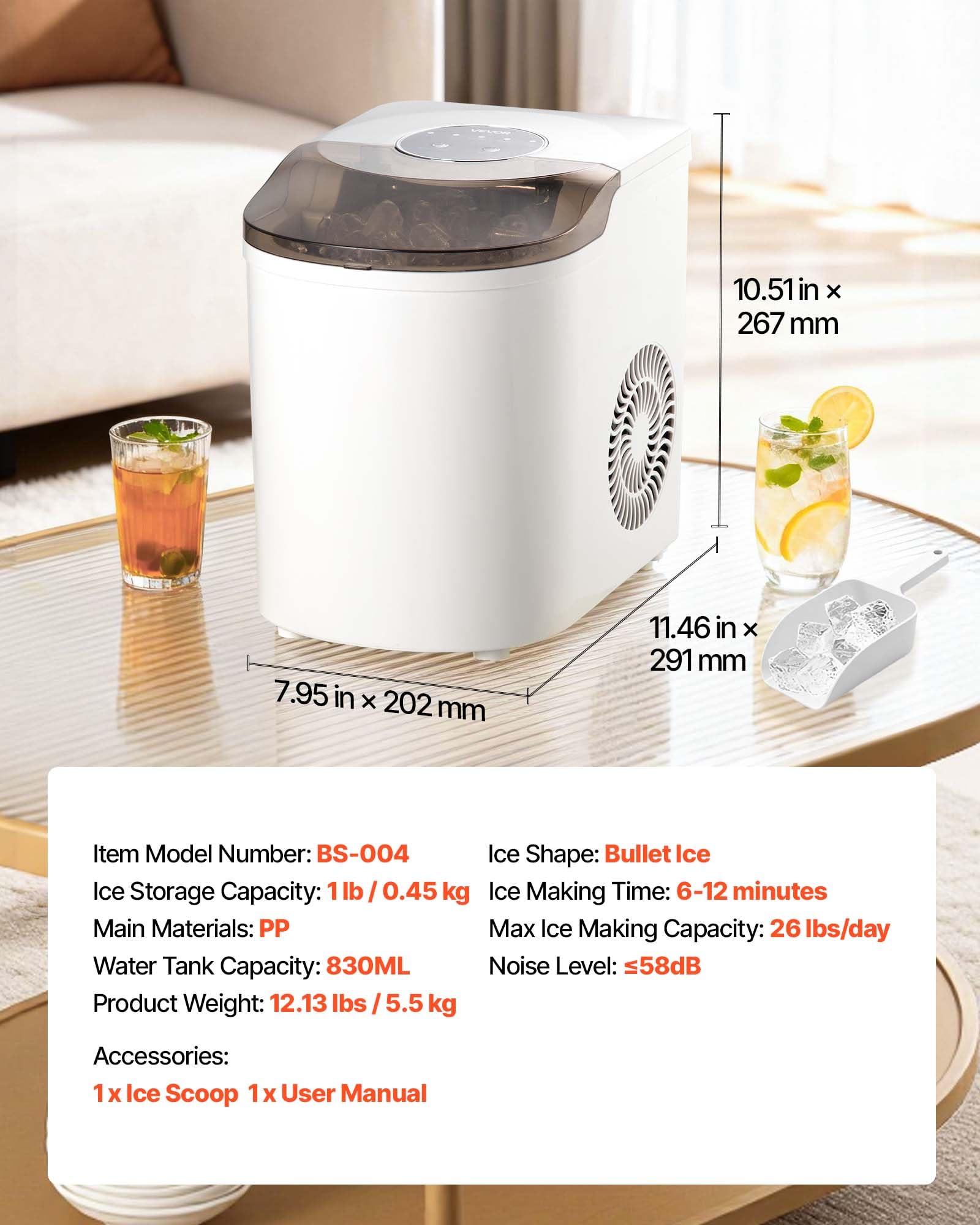 VEVOR Tisch-Eiswürfelmaschine, 7 Eiswürfel in 6 Minuten, 11,8 kg pro Tag, selbstreinigendes Gerät mit Eisschaufel, Eiswürfelmaschine mit 2 Größen von Kugeleis für Zuhause Küche, Büro Bar Party