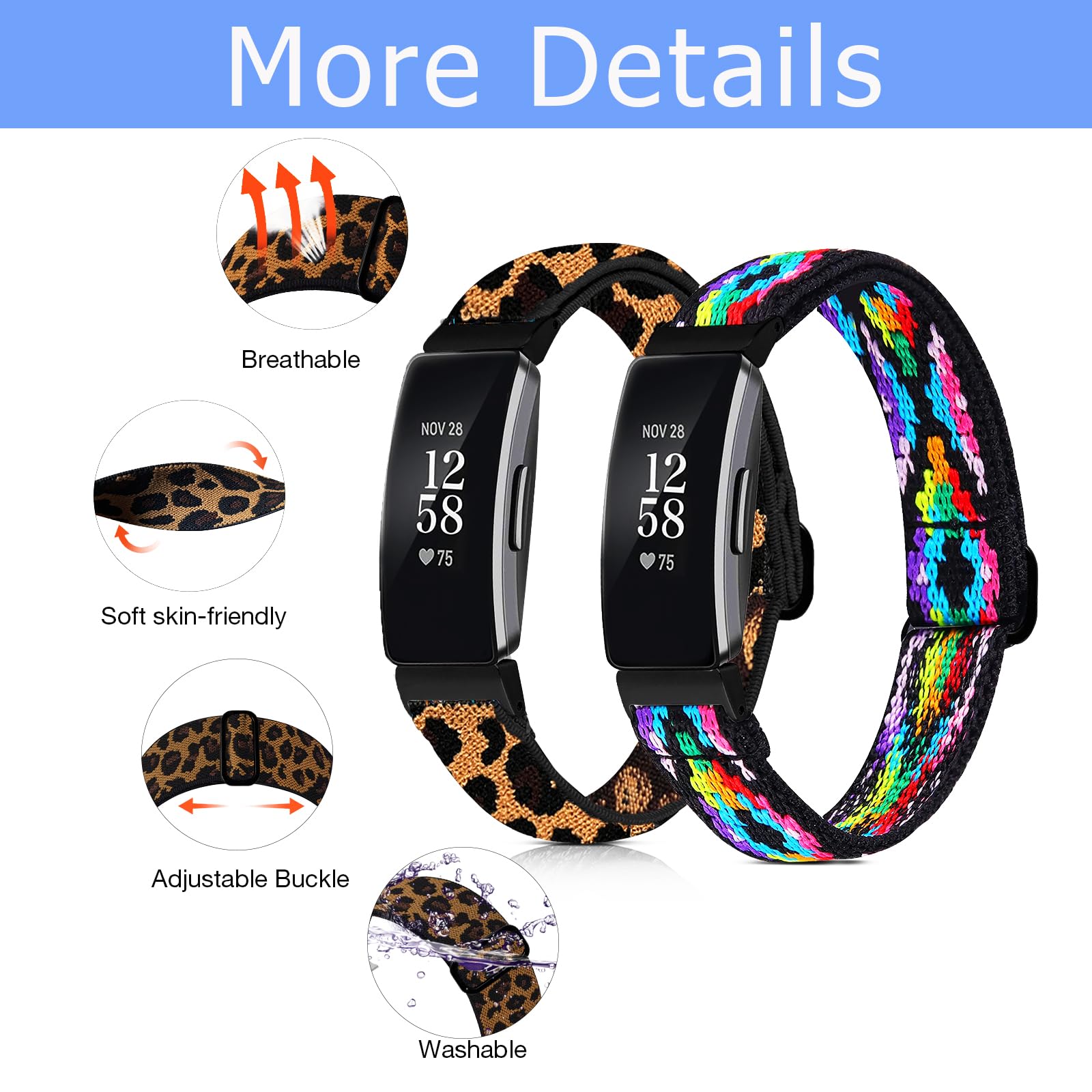 Attbbon 2 Pack Stretchy Bands Compatible with Fit bit Inspire 2 Replacement Bands for Women, Adjustable Soft Elastic Sport Nylon Inspire Wristband Accessory Fits for Fit bit Inspire 2/Inspire