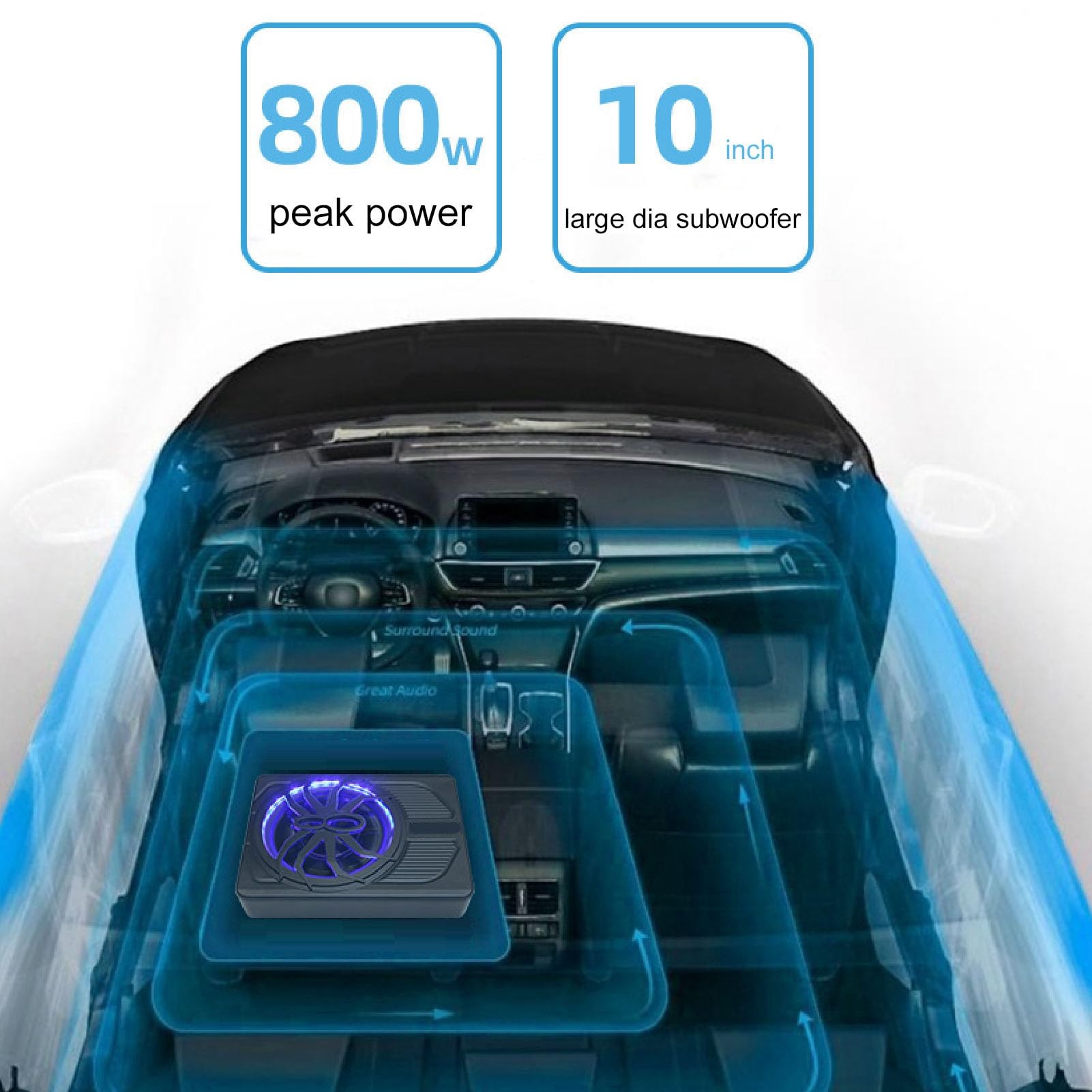Acouto Subwoofer Delgado para Debajo del Asiento de 10 Pulgadas, Luz LED de 800 W, Carcasa de Aleación de Aluminio, Control Remoto de Graves, Rendimiento de (Blue)