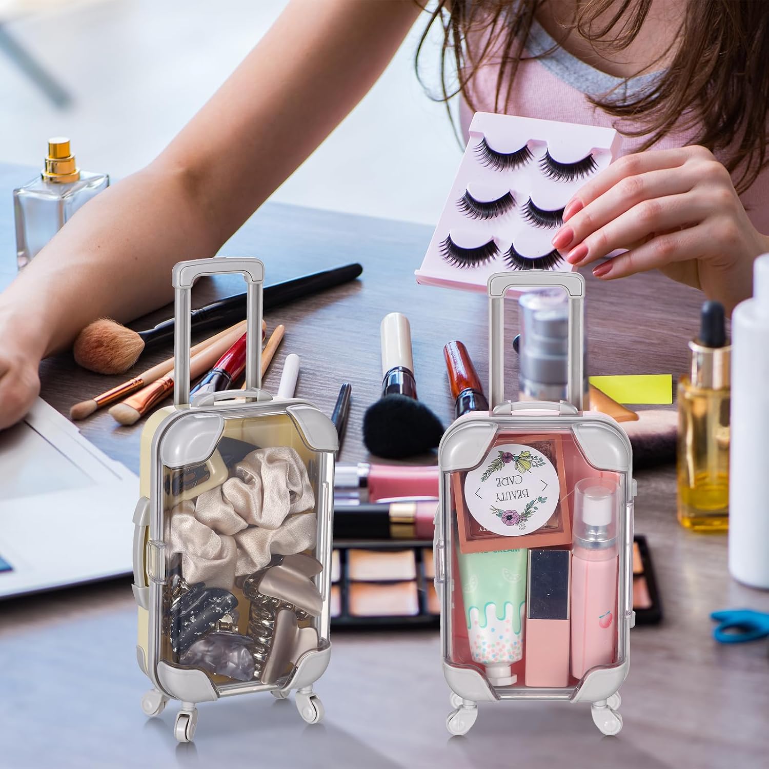 Honeydak 3 Pcs Mini Plastic Suitcase False Eyelashes Tray Luggage Trolley Candy Box Clear Suitcase Packaging Case Party Favor Box for Party Wedding Family Vacation Jewelry Cosmetic Hairpins Storage