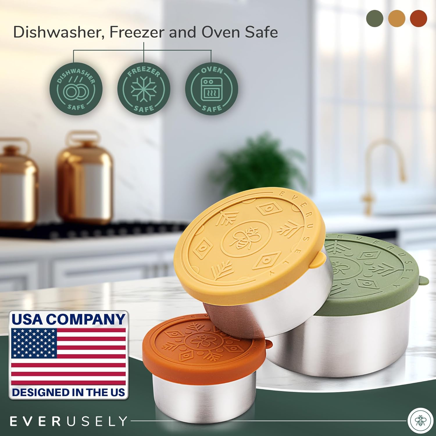 Everusely - Stainless Steel Food Containers - 3 Pack, Muted - Metal Lunch Box - Nesting Snack Containers for Office, Home Food Storage - Leakproof Silicone Lids - Dishwasher and Freezer Safe - Image 7