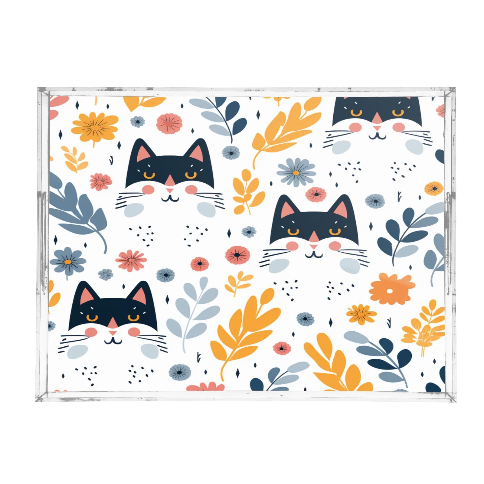 IOACIY Clear Serving Tray 12x16 Inches Acrylic Decorative Tray Organiser for Ottoman Coffee Table Countertop with Handles, Cute Cat (6)