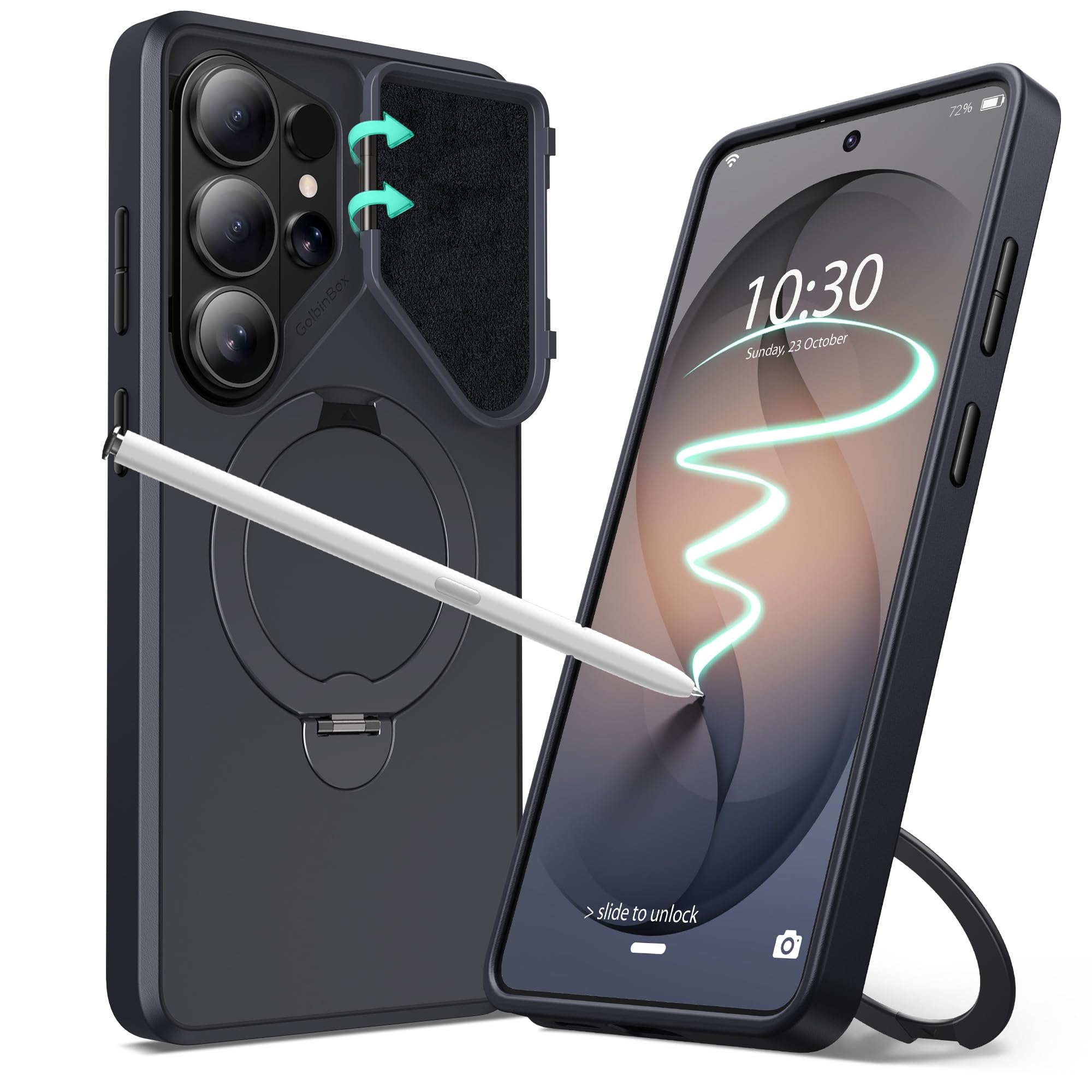 GolbinBox 360 Adjustable Magnetic Stand for Samsung Galaxy S26 Ultra Phone Case, Flip Camera Cover for Lens Privacy, Matte Anti-Slip Grip, Shockproof Protective for S26 Ultra Case, Black