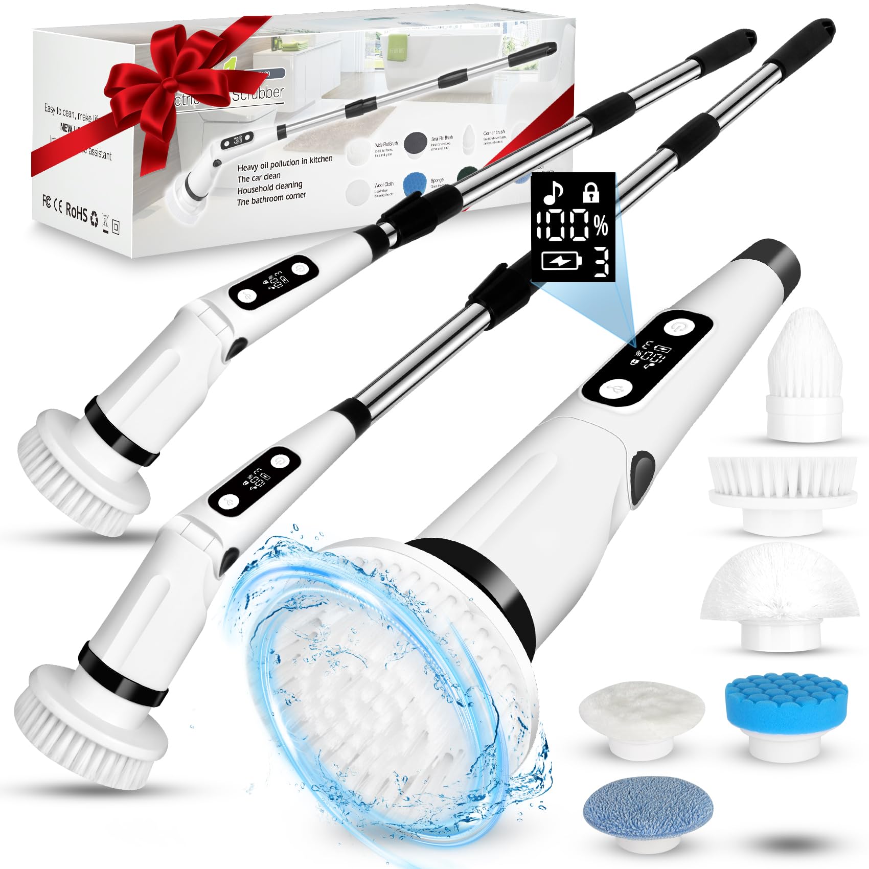 Electric Spin Scrubber, Power Spin Scrubber, 2024 Voice Prompt Cordless Shower Cleaning Brush with 7 Replaceable Brush Heads, Speeds Up to 400 RPM, Shower Scrubber for Bathroom