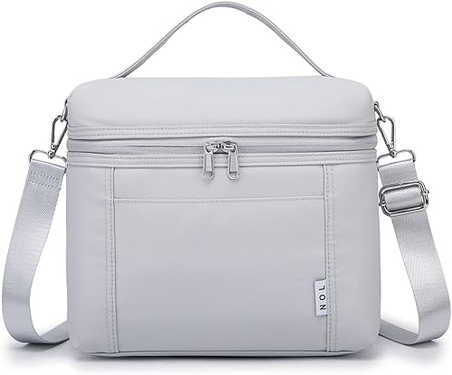 NOL Natural Organic Lifestyle - Loncheras aisladas para mujer, bolsa enfriadora, ligera, de nailon, impermeable, para el trabajo (gris y blanco, M