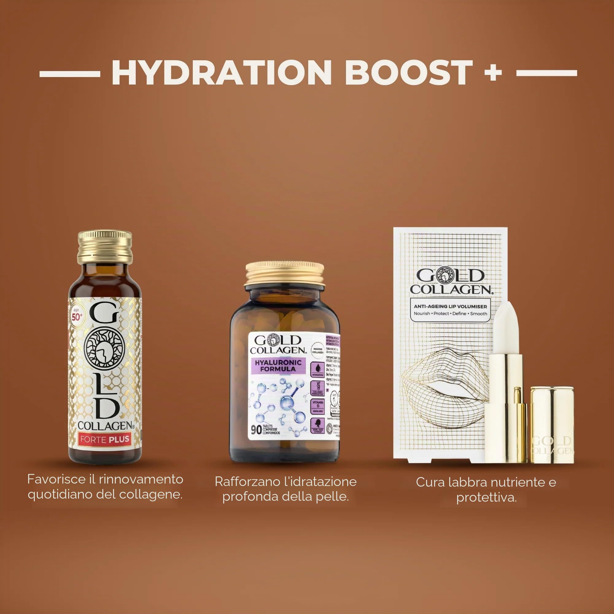 GOLD COLLAGEN New Forte Plus - Integratore con collagene marino idrolizzato e biotina per capelli per pelle e sistema immunitario, vitamina C e acido ialuronico, 1 scatola x 10 bottiglie 50 ml